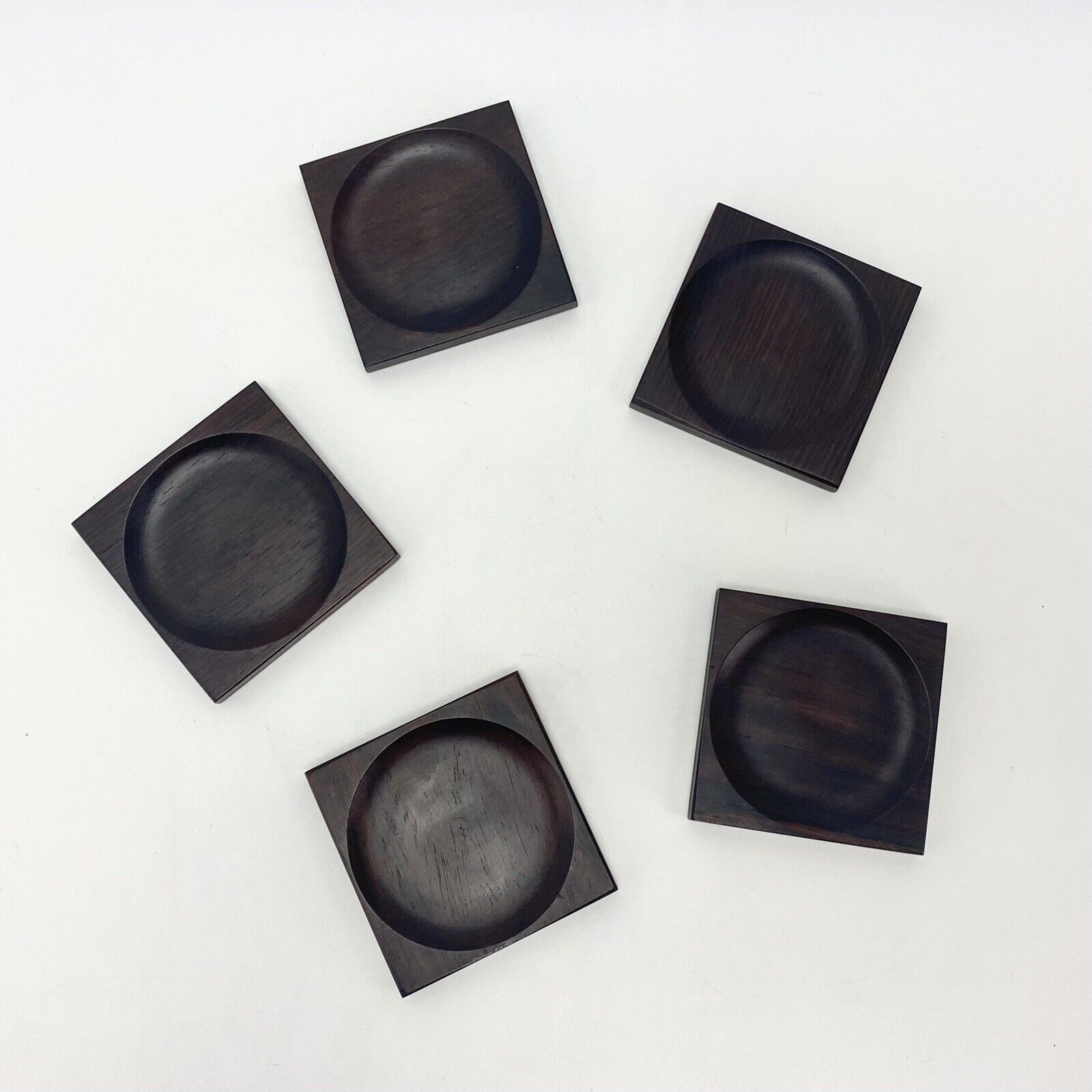 Set of 5 Vtg Mid Century Modern Danish Square Rosewood Glass Coasters Barware