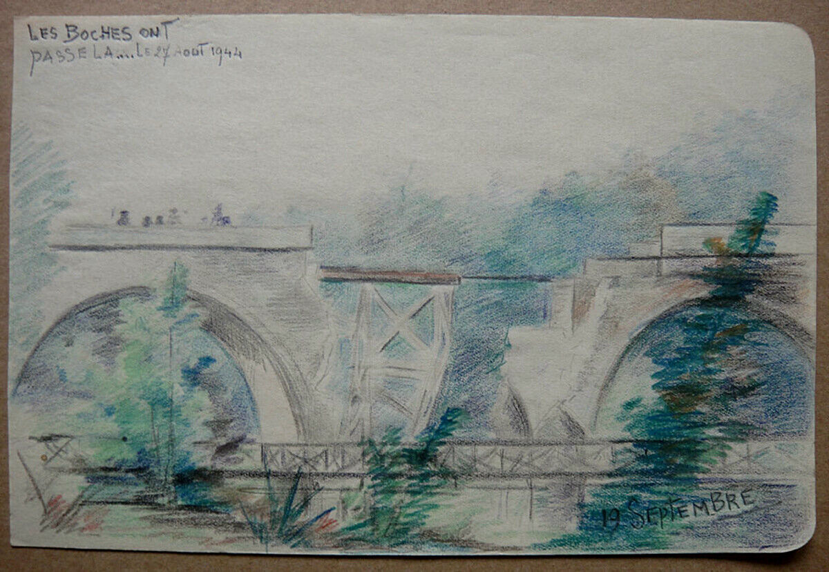 French color drawing German troops passing a bridge WWII August 1944