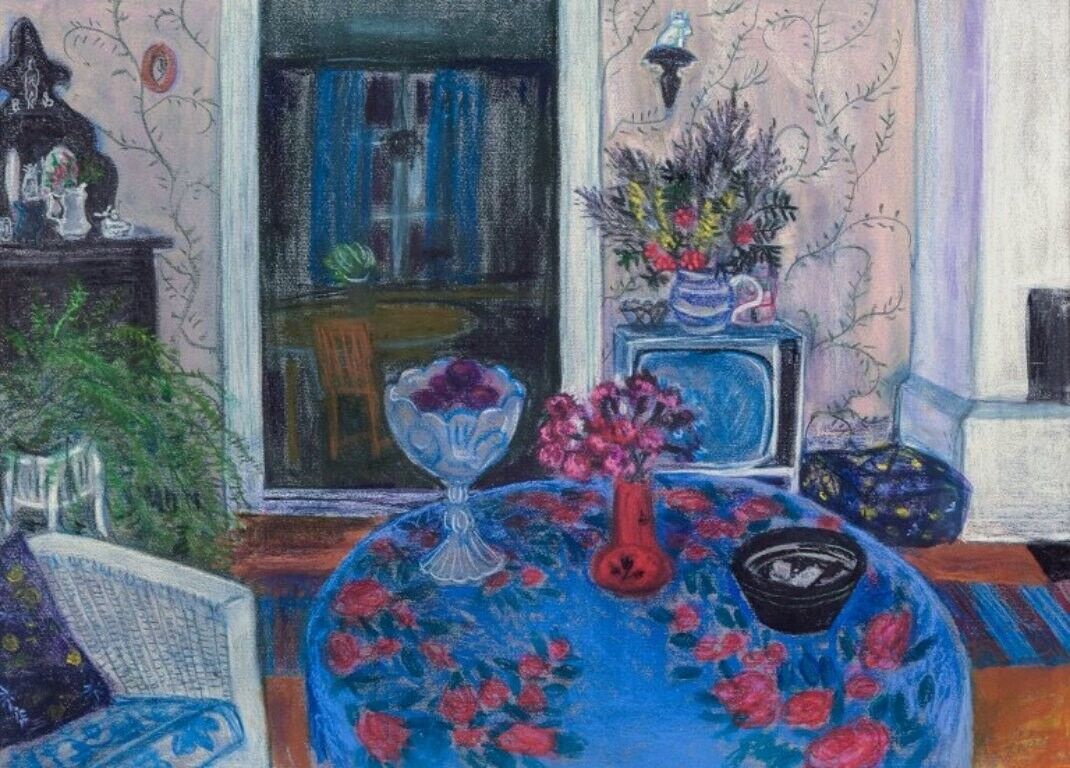 Evy Låås well listed Swedish artist Pastel on paper Living room interior