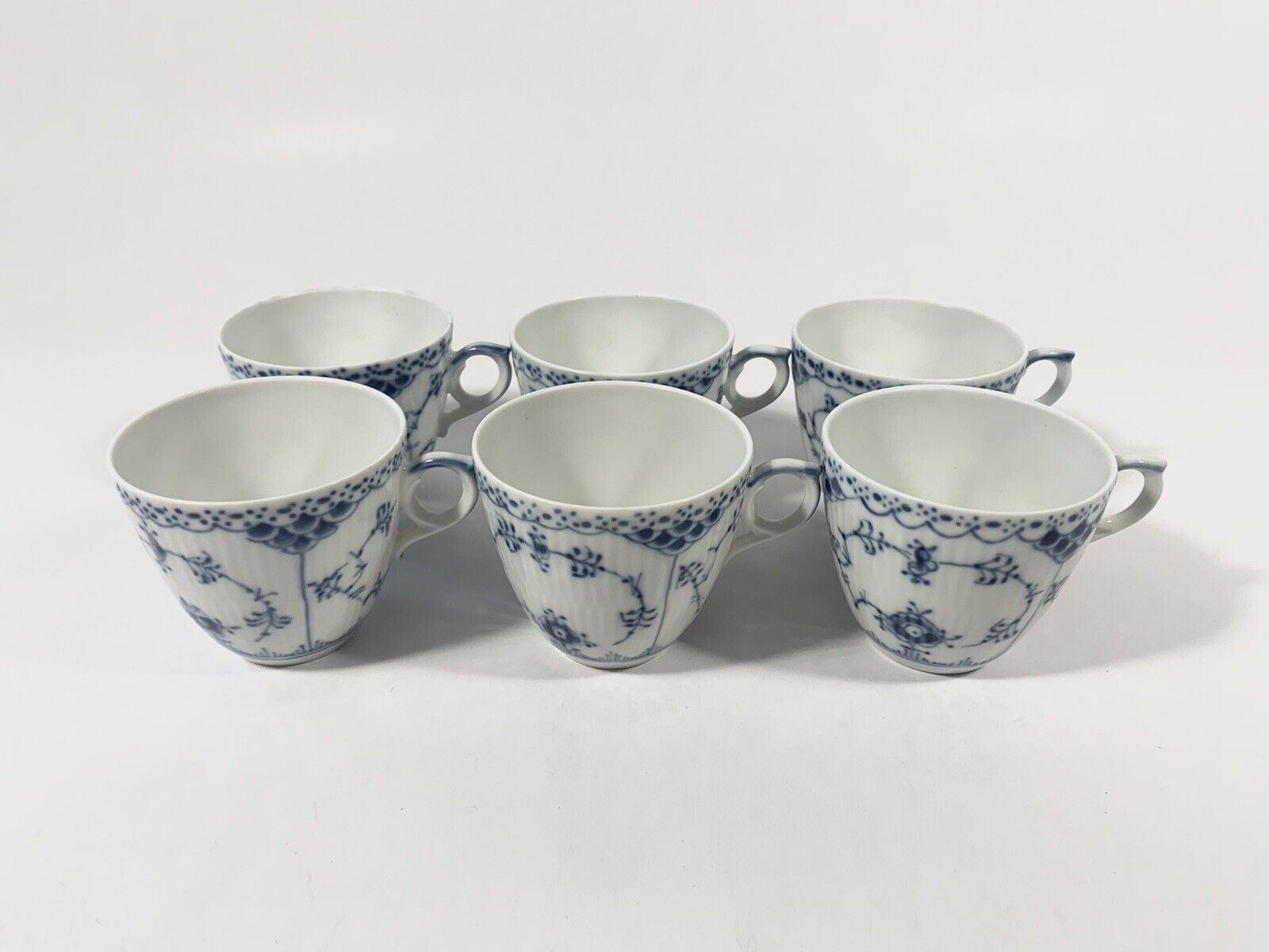 6x Royal Copenhagen Blue Fluted Half Lace  719 Coffee Cups  Saucers Set