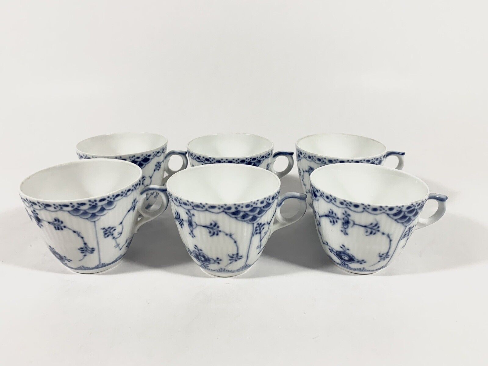 6x Royal Copenhagen Blue Fluted Half Lace  719 Coffee Cups  Saucers Set