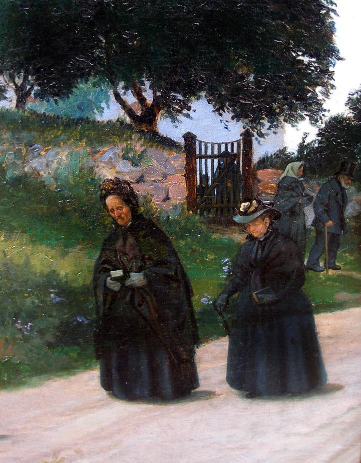 Alfred Larsen (1860) Return From Church Rare exhibition oil from 1888