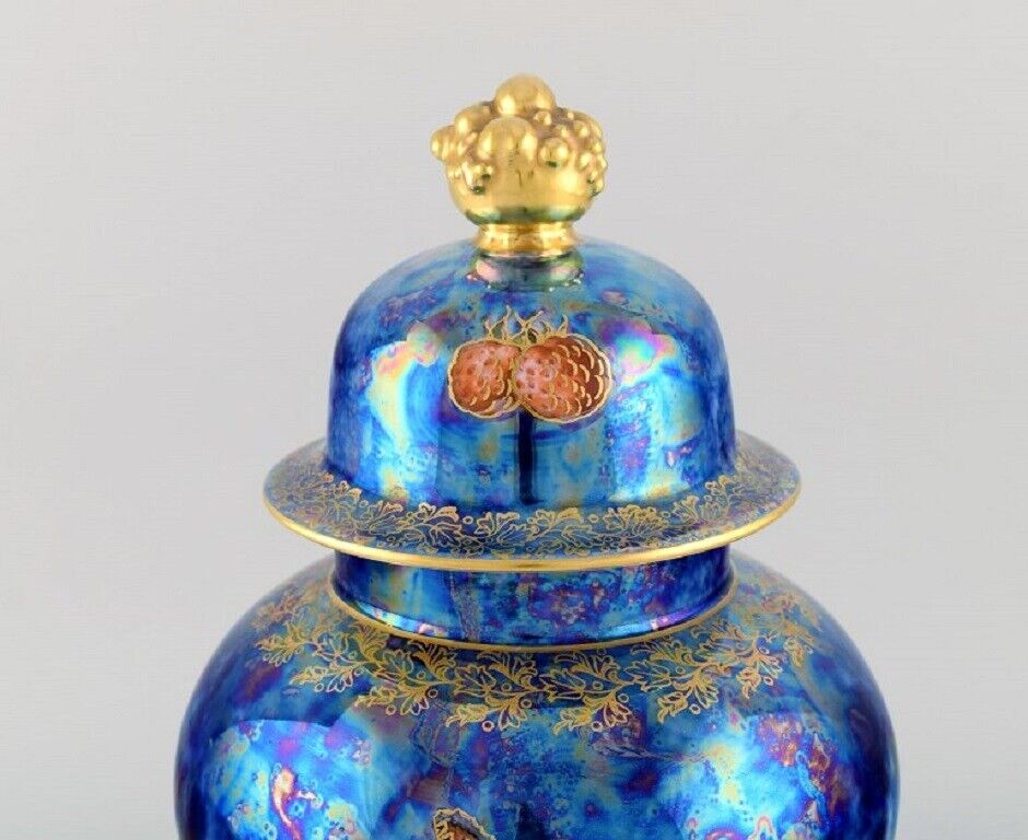 Large Rosenthal lidded jar in blue glazed porcelain with hand-painted fruits