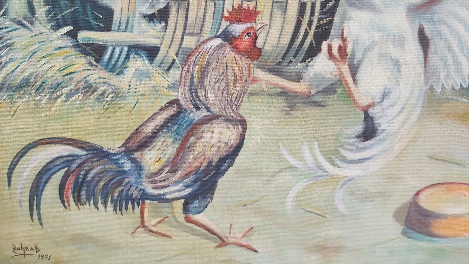 ROOSTER FIGHT - oil painting Dated 1971