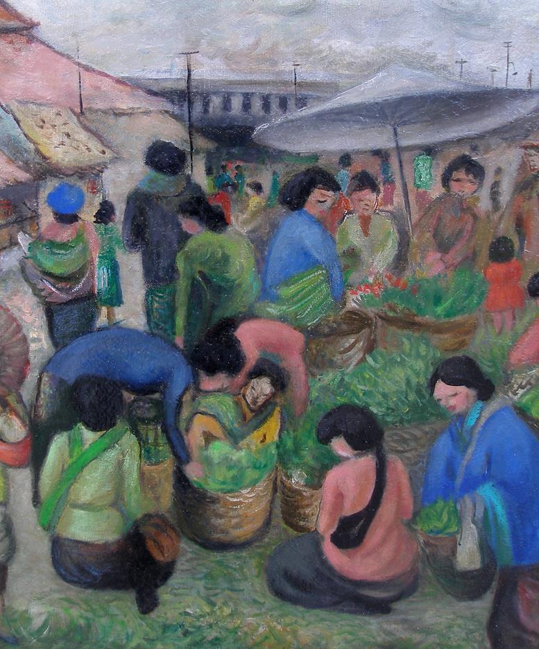 J Soedhiono (1930)  Busy Market scene Jakarta Indonesia Dated 1957