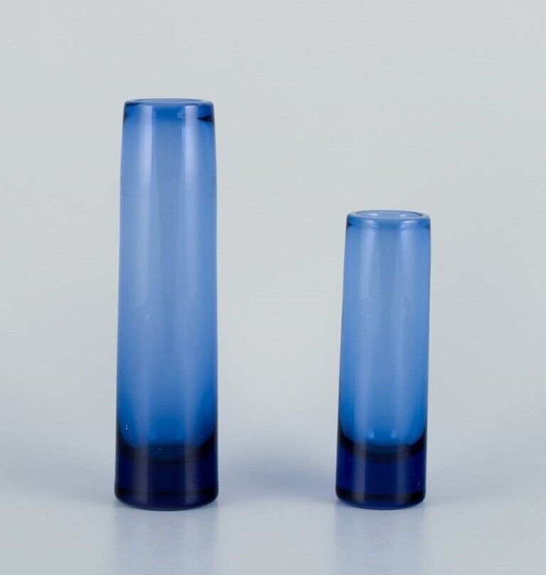 Per Lütken for Holmegaard Denmark Two cylindrical vases in blue art glass