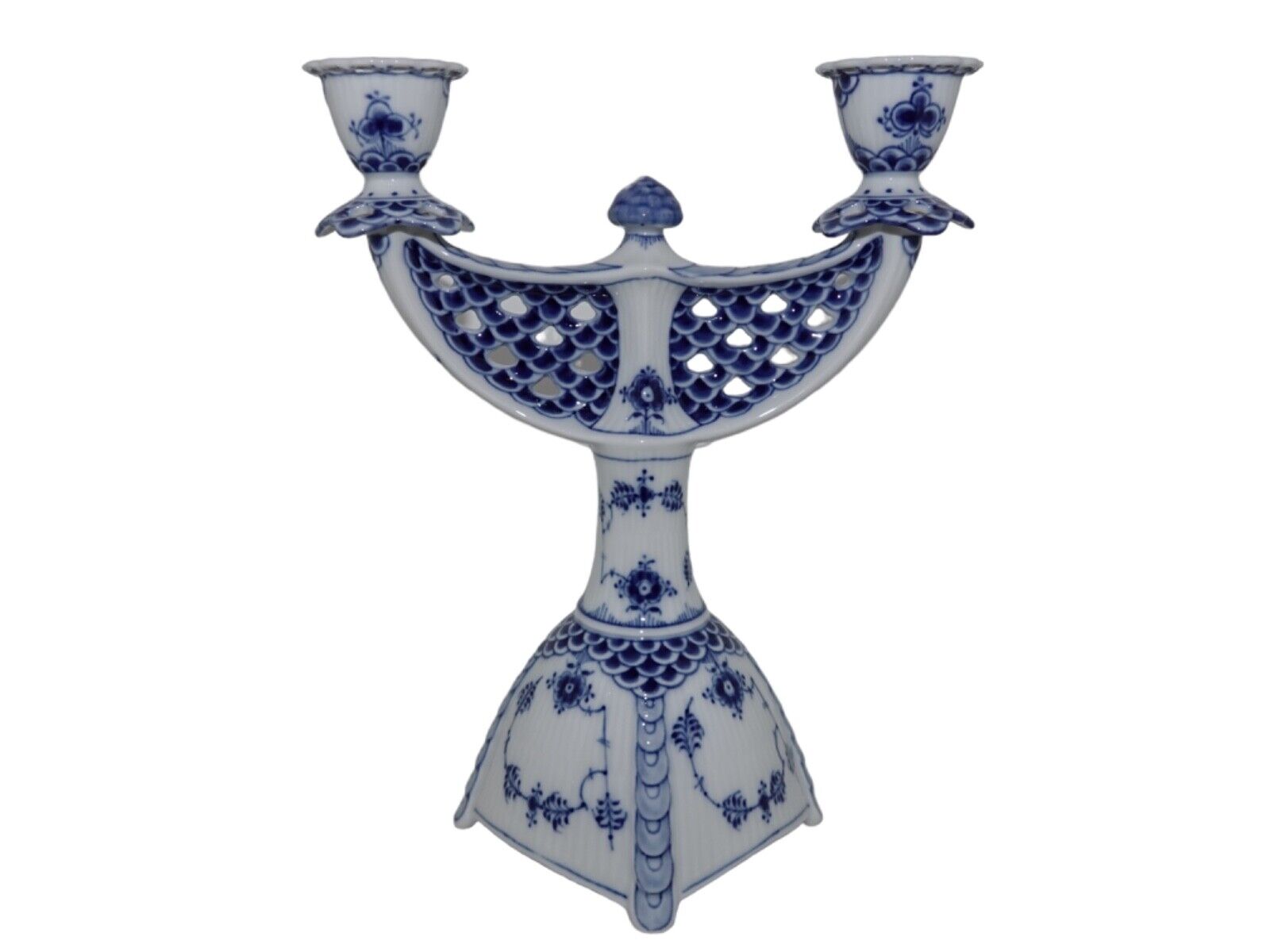 Royal Copenhagen Blue Fluted Full Lace two-armed candlelight holder