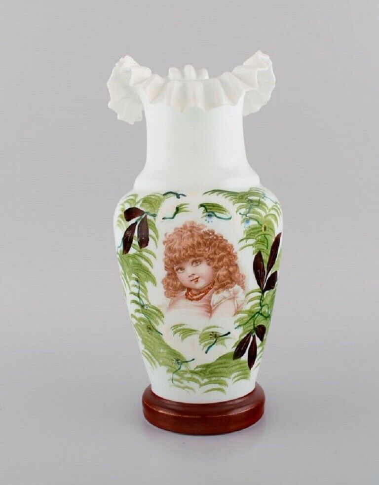 Antique vase in opal art glass with hand-painted motif of a young woman