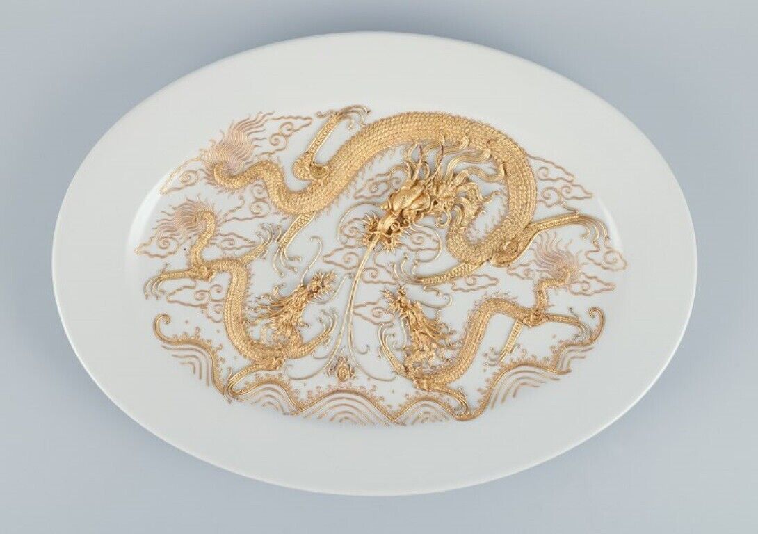 Large oval porcelain platter in Versace style featuring dragons