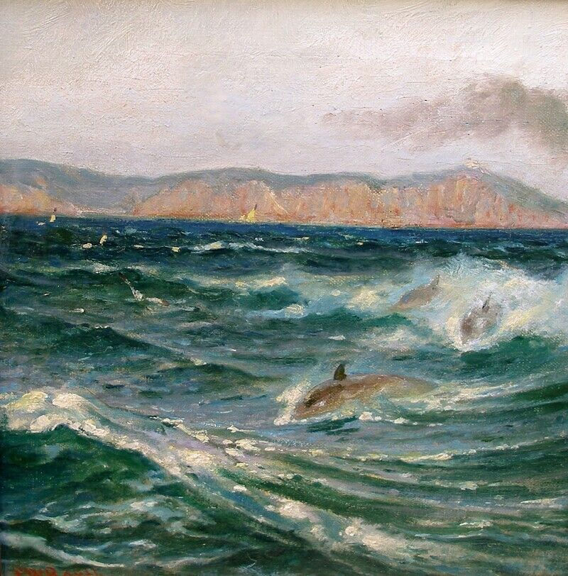 Carl Barth ( Norwegian 1847) Dolphins riding the bow wave of a ship Italy 1902