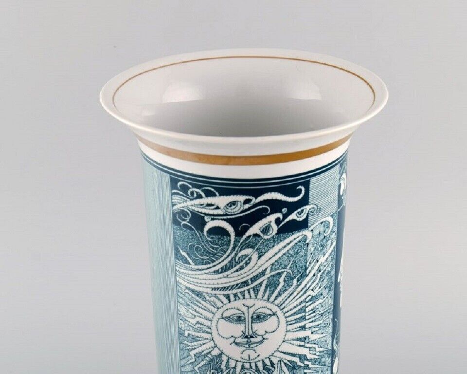 Large Hollóháza porcelain vase Art Deco motifs and gold border Mid 20th-C