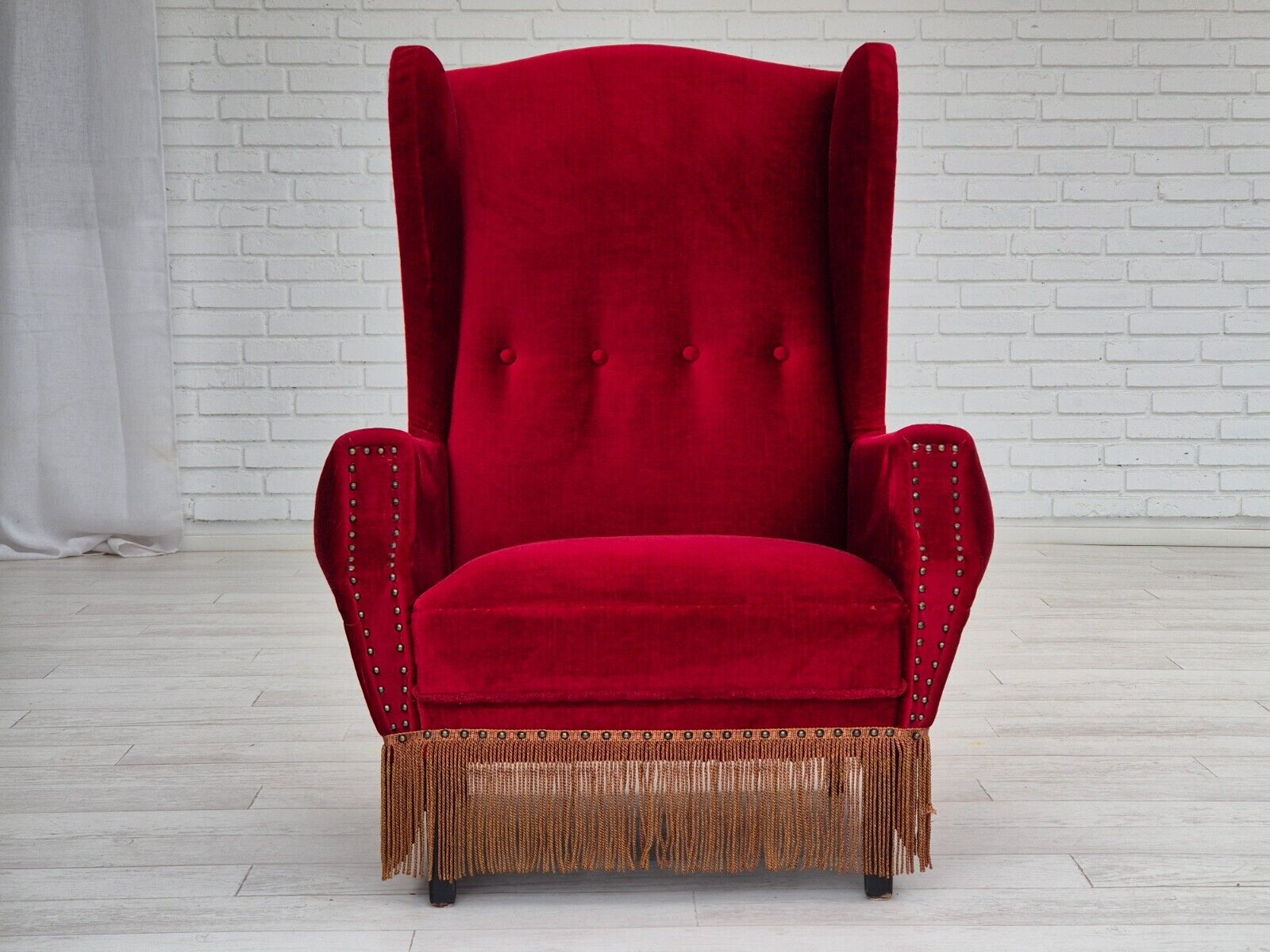 1960s Danish wingback armchair original furniture velour oak wood legs