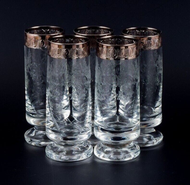 Murano Italy five mouth-blown and engraved drinking glasses with silver rim