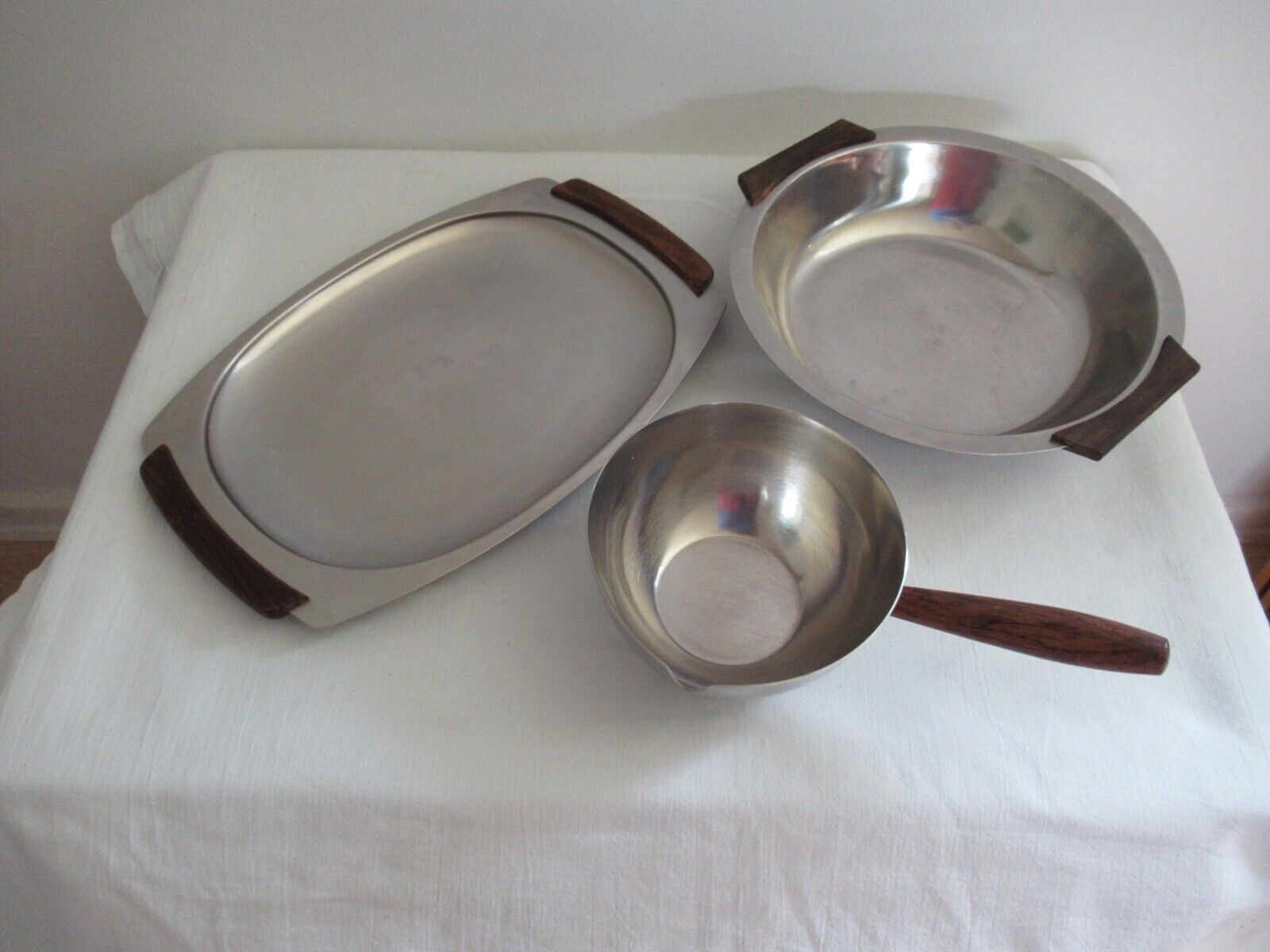 Vintage danish stainless steel serving dishes with rosewood handles