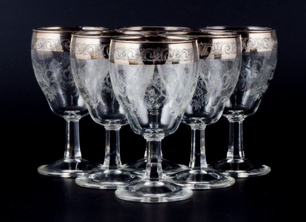 Murano Italy six mouth-blown and engraved port wine glasses with silver rim