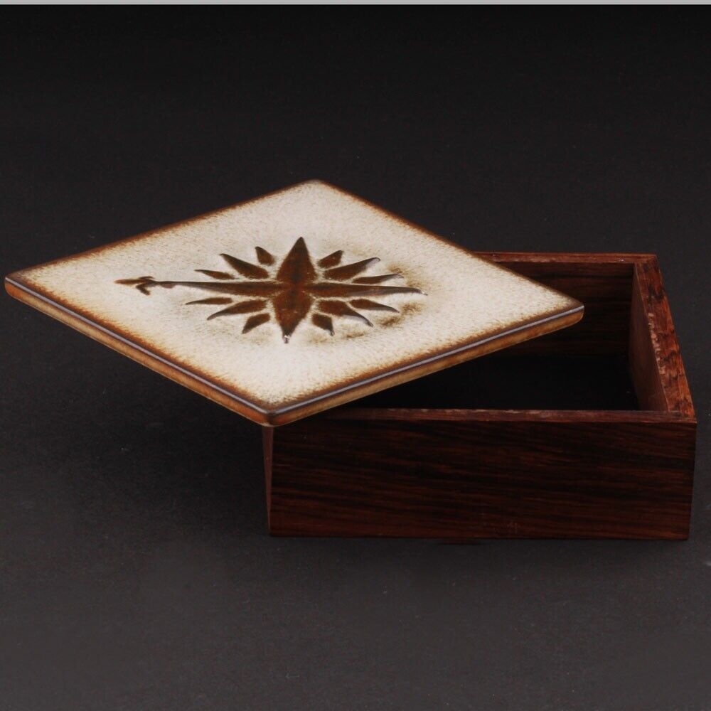 Wood Box with Ceramic Lid Compass Rose MADE IN DENMARK 1960s