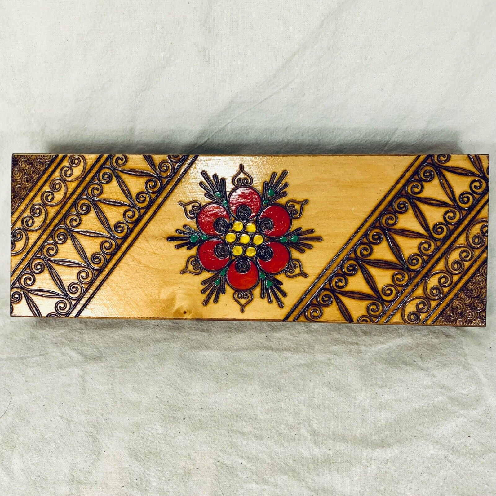 Vintage Russian Pyrography Painted Burned Wood Trinket Box Flower 21x8cm