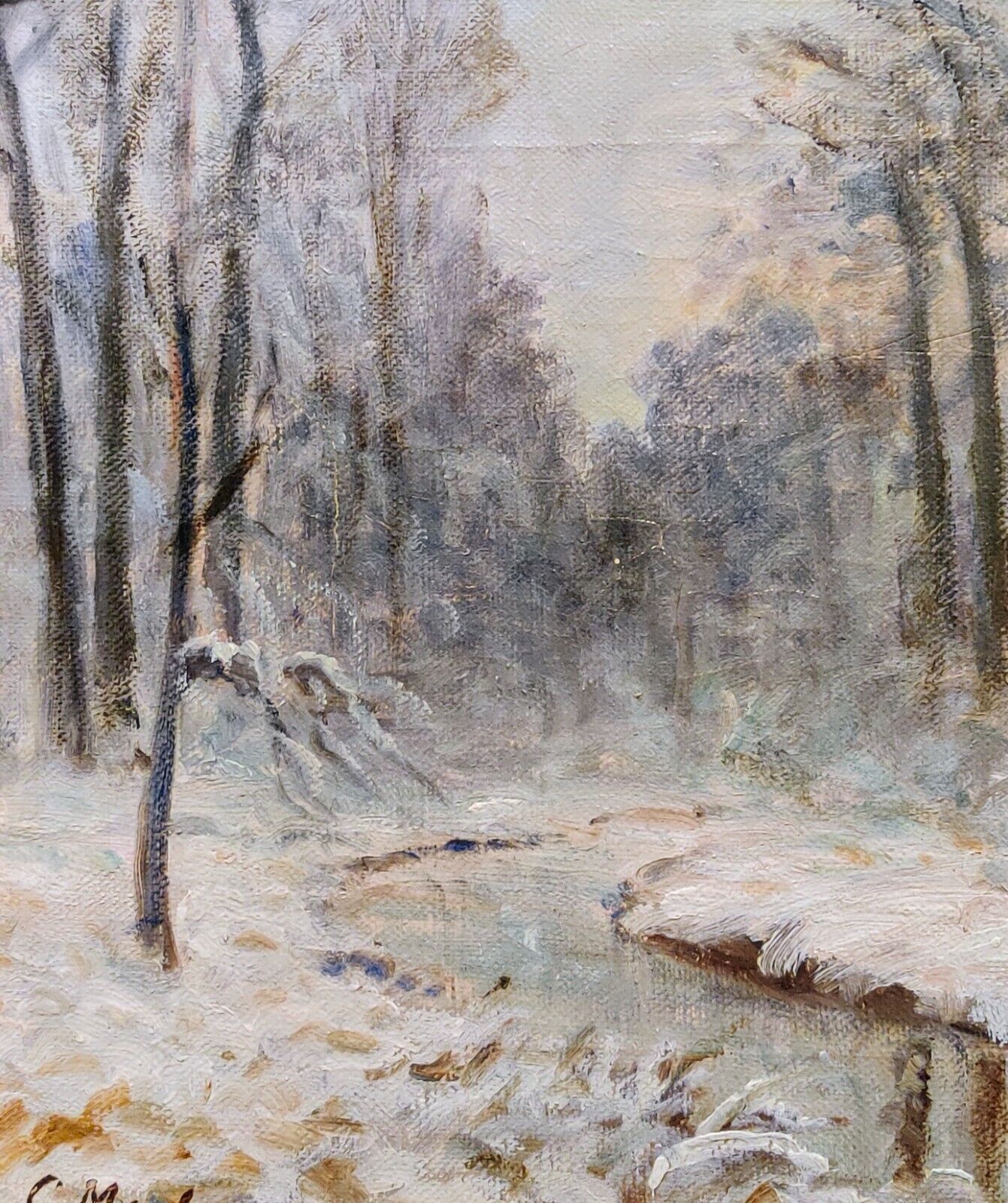 WINTER STREAM IN FOREST original oil painting