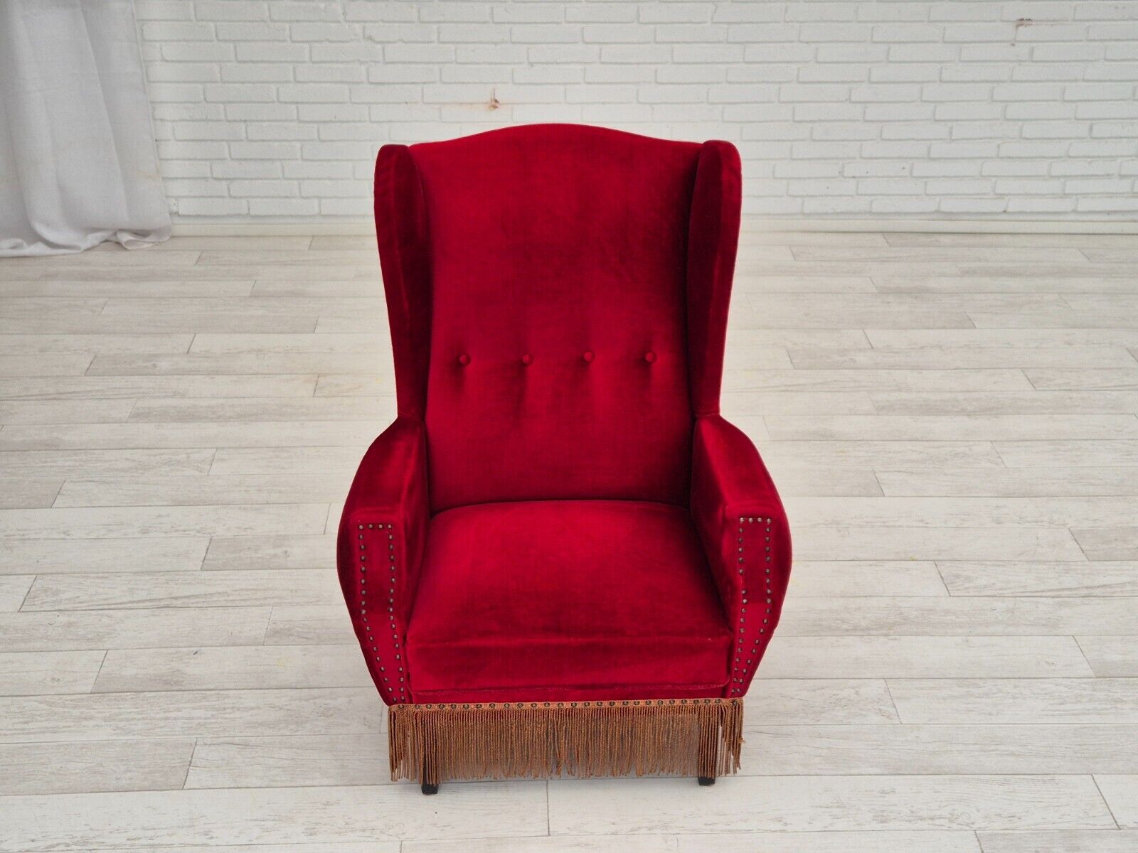 1960s Danish wingback armchair original furniture velour oak wood legs