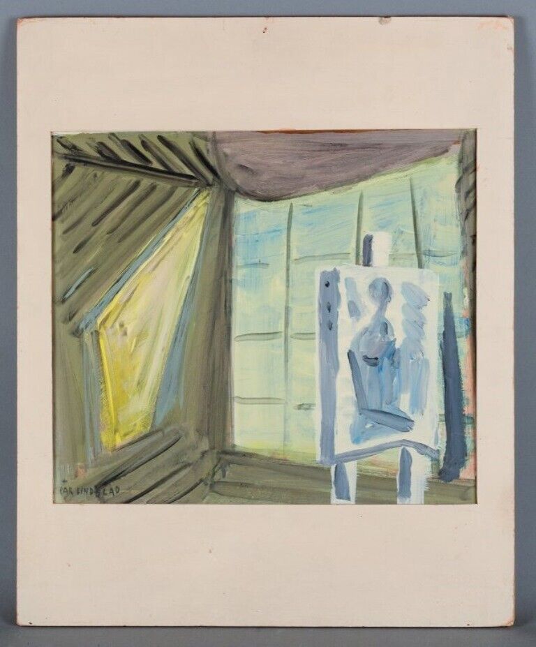 Pär Lindblad Swedish artist Oil on cardboard "In the Studio" Mid-20th C