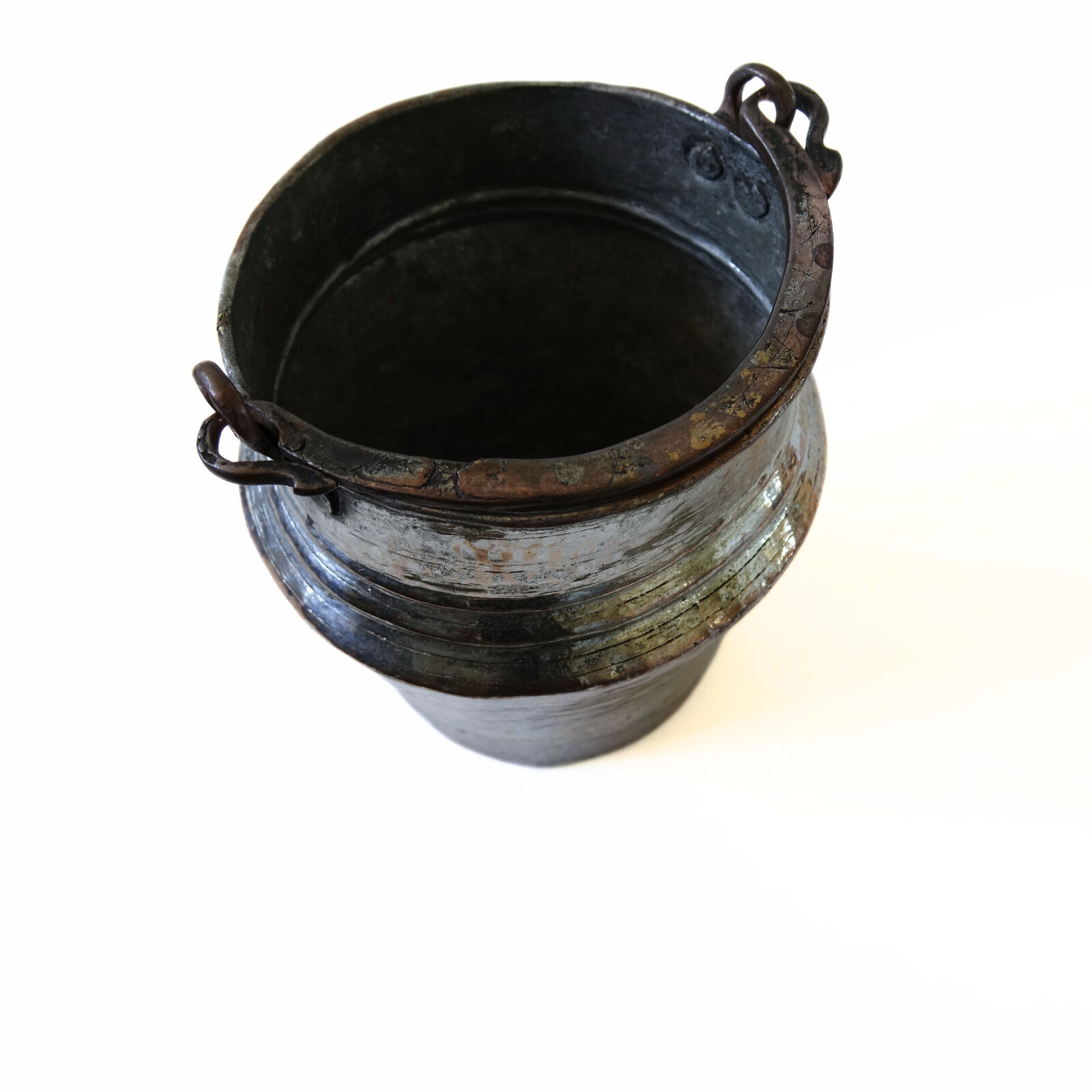 Vintage metal pot with handle with stunning patina from Sweden early 1900s