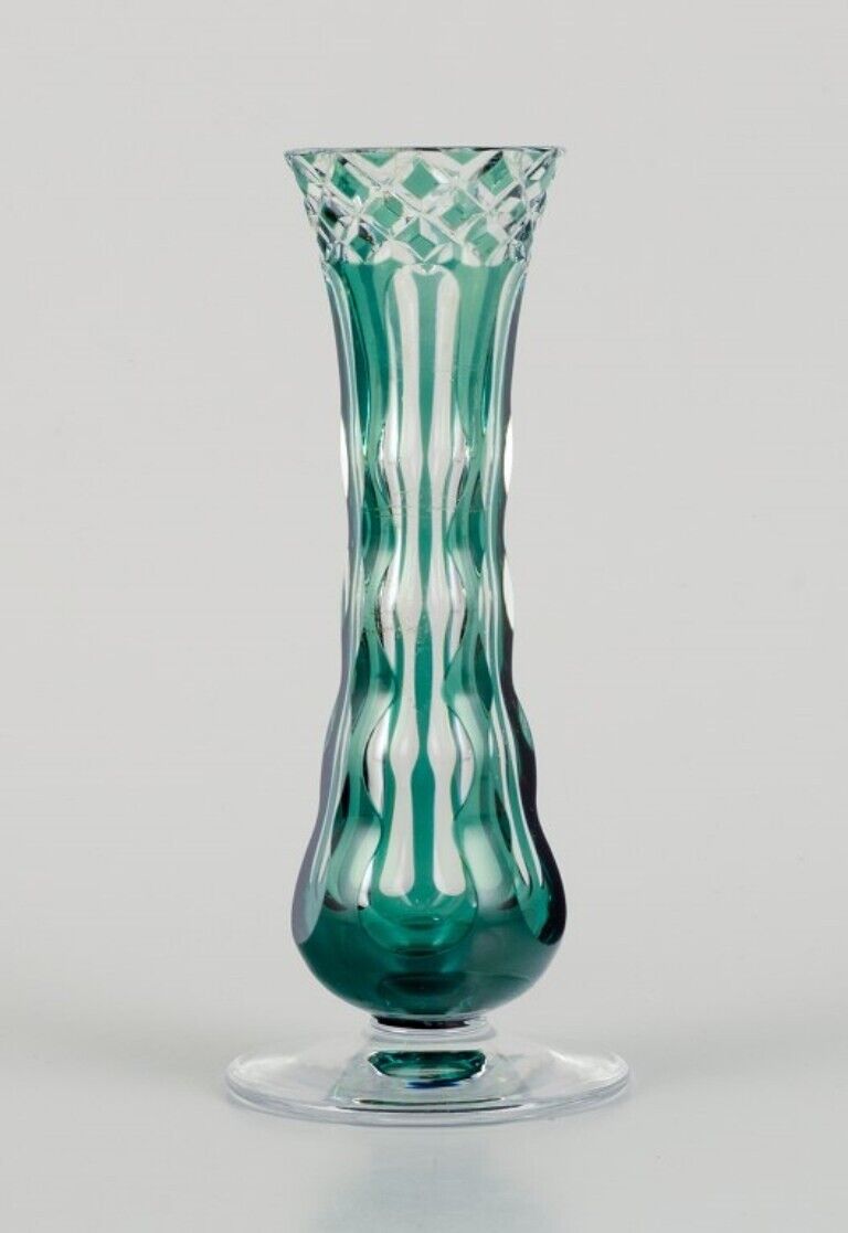 Val St Lambert Belgium Faceted crystal vase in green and clear glass