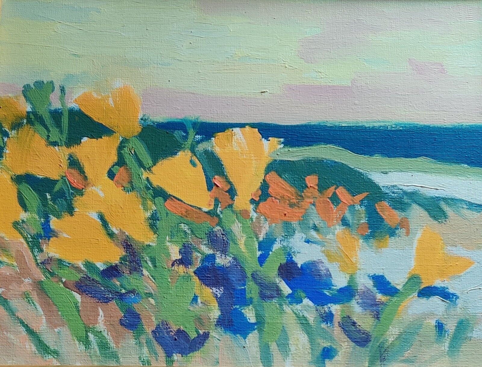 COASTAL LANDSCAPE WITH YELLOW FLOWERS original oil painting low shipping!!!