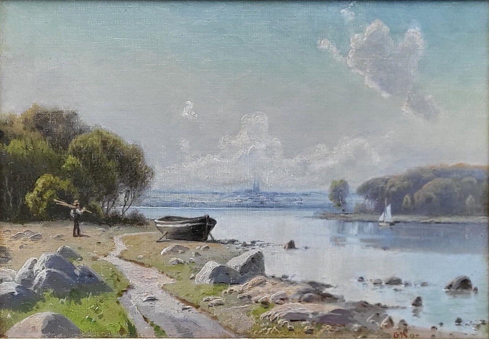 Antique oil painting Gustav Holmbom(1851-1903): “A view of Roskilde bay”