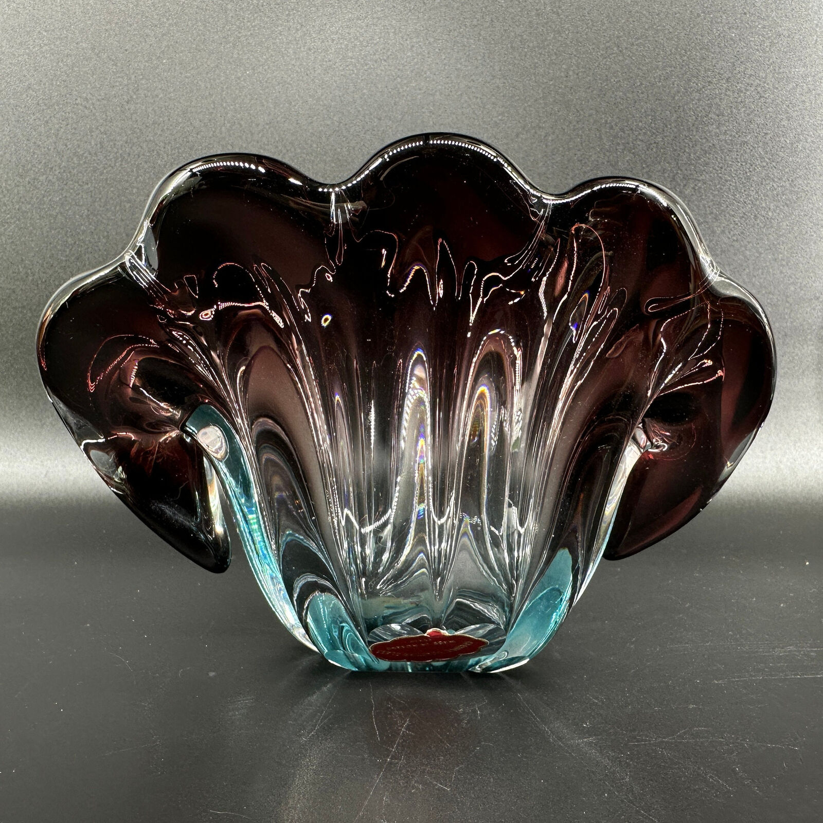 Murano Glass Purple and Blue Clam Shell Bowl Mid Century centerpiece Freeform