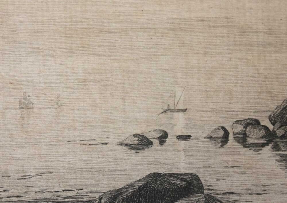 Carl Bloch etching Beach at Hellebaek in dimm weather with ships 1882