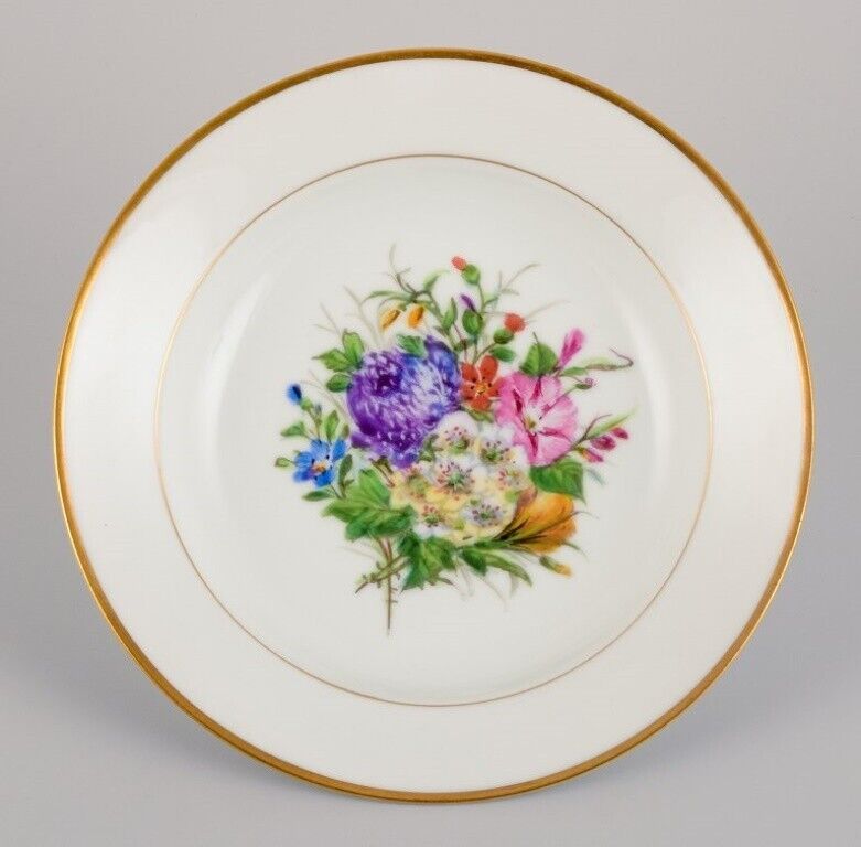 Bing  Grøndahl six deep plates in porcelain with flowers and gold decoration