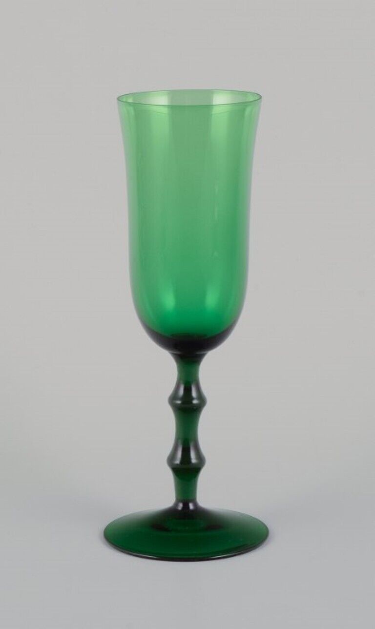 Simon Gate for Orrefors Sweden Four "Salut" champagne glasses in green glass