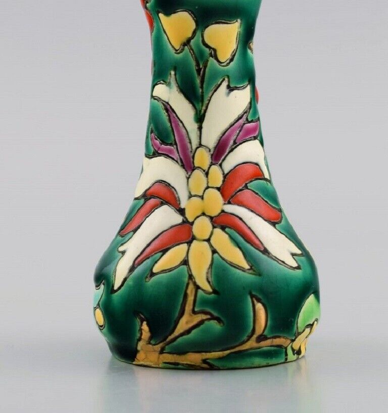 Longwy France Art Deco vase in glazed stoneware with hand-painted flowers