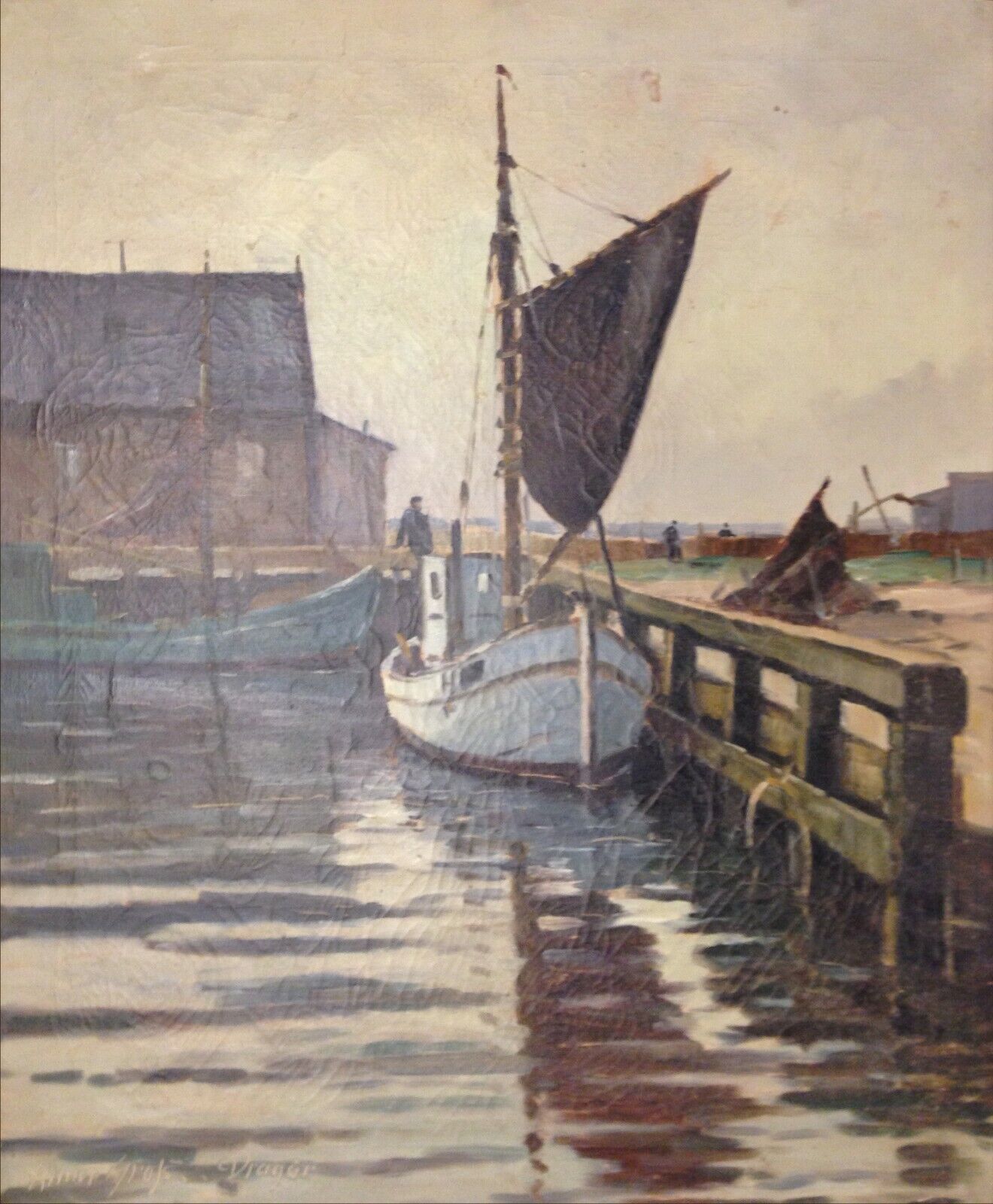 Einar Gross (1895-1960): LITTLE SAILBOAT AT THE WOODEN DOCK DRAGOR