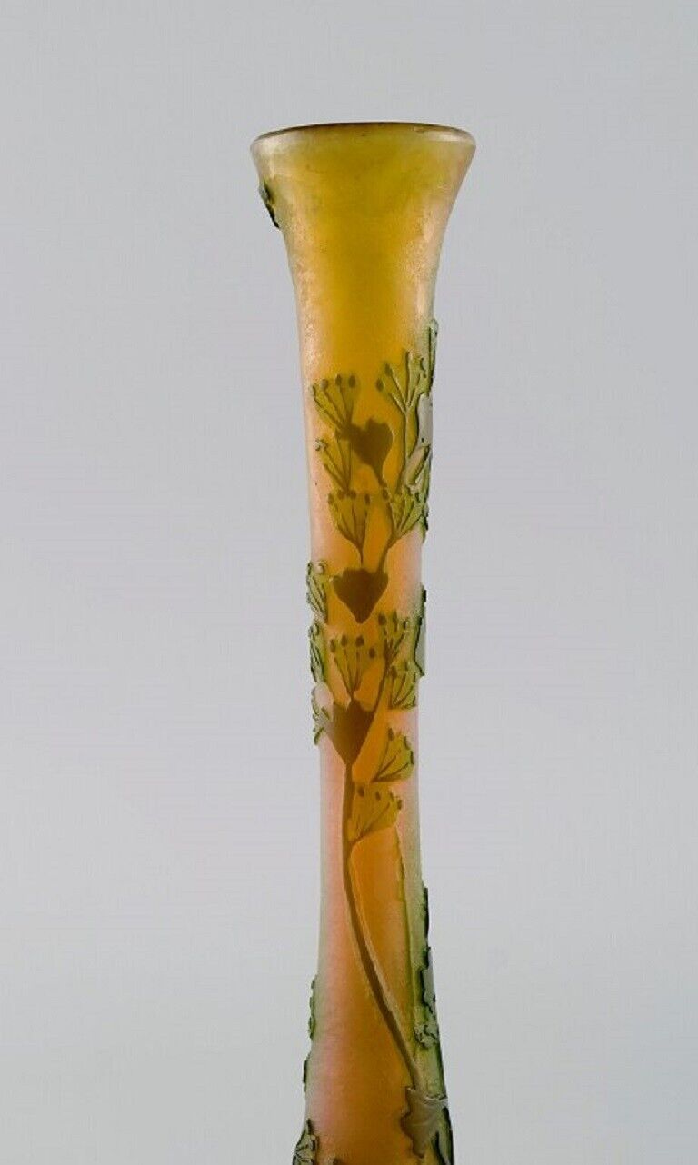 Antique Emile Gallé vase in yellow frosted and green art glass