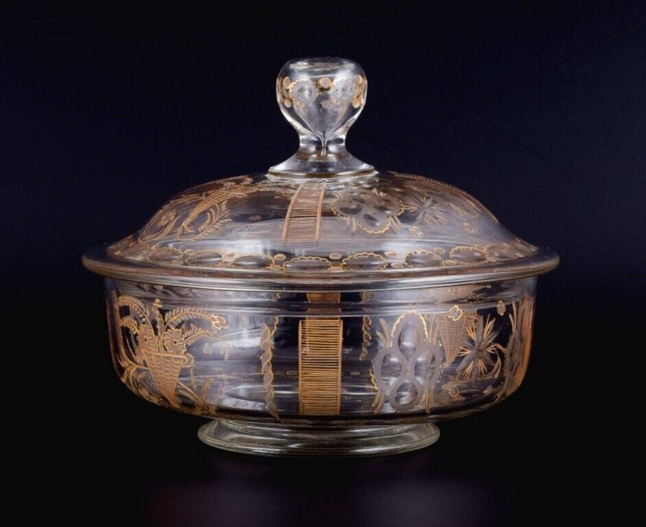 Lidded French bowl in mouth-blown glass with faceted motifs and gold decoration