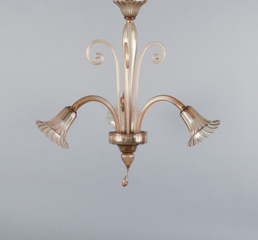 Murano elegant Art Deco ceiling lamp in mouth-blown glass three bulbs