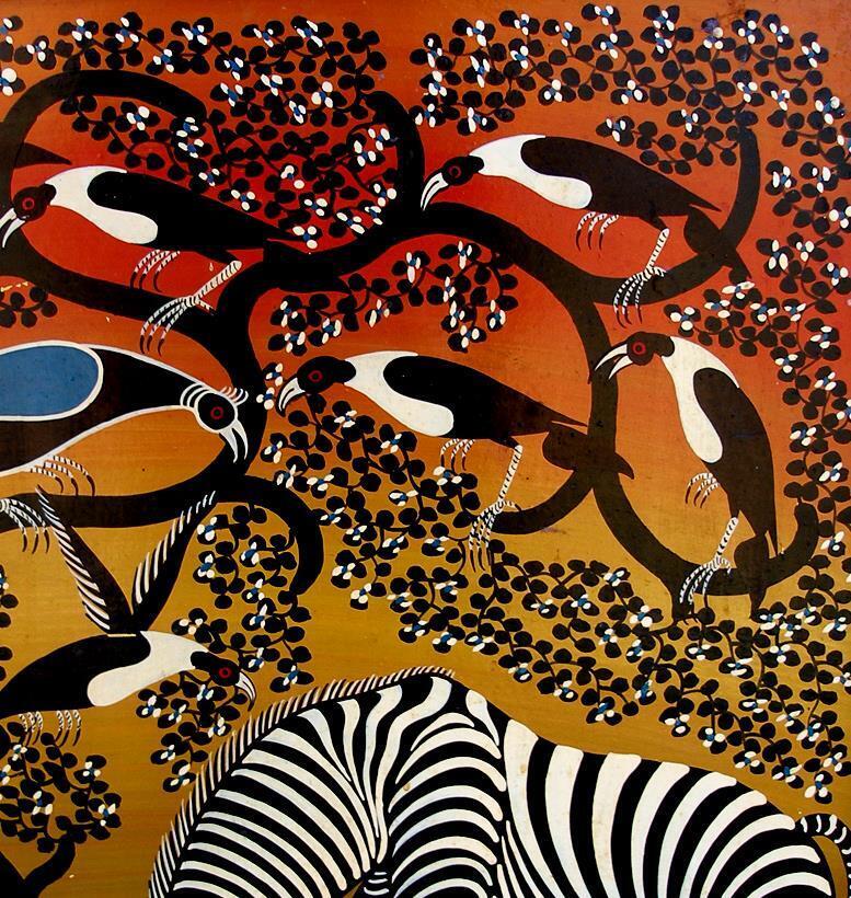 M SAIDI Zebras and birds Rare early Tingatinga oil East Africa