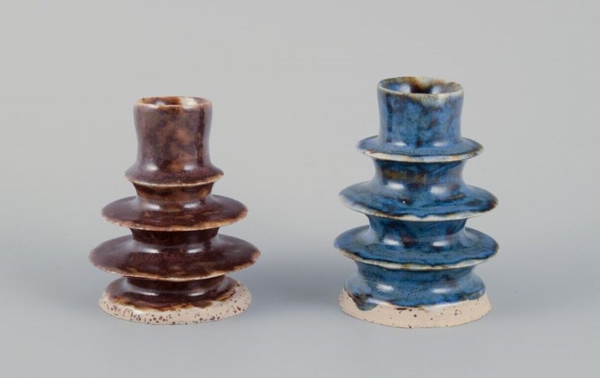 European studio ceramicist Two unique ceramic candleholders Ca 1980s