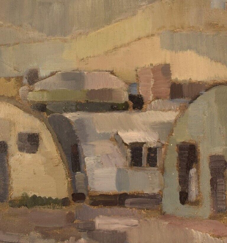 LH Lindberg Sweden Oil on board Modernist landscape with houses 1960s/70s