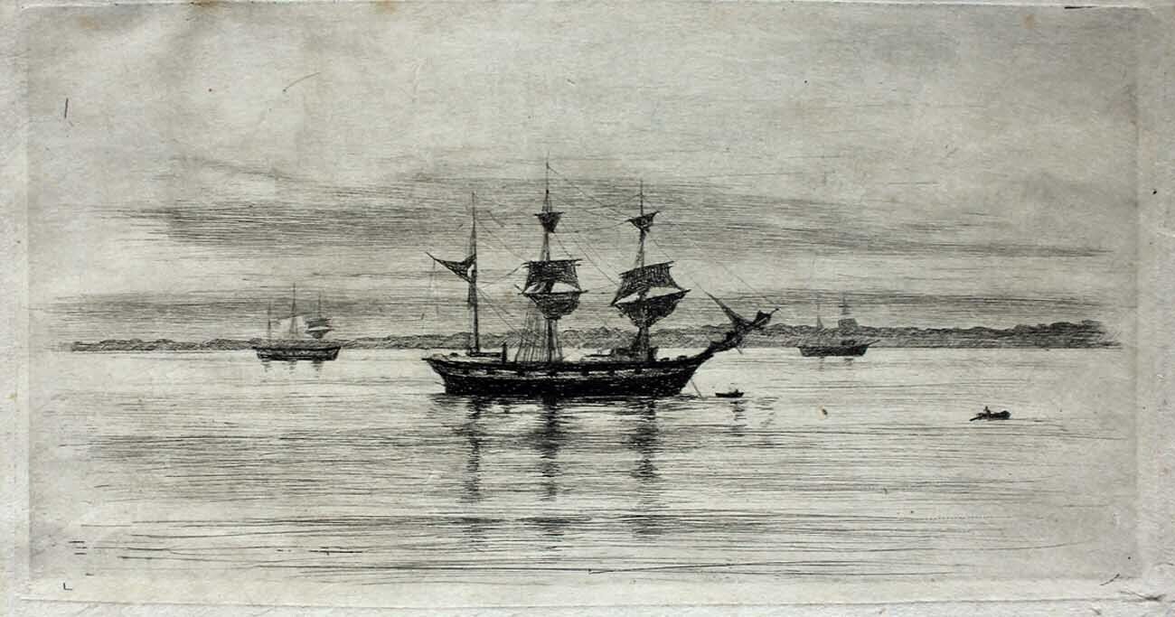 Carl Bloch etching Ships near the Swedish coast 1884 RARE early print