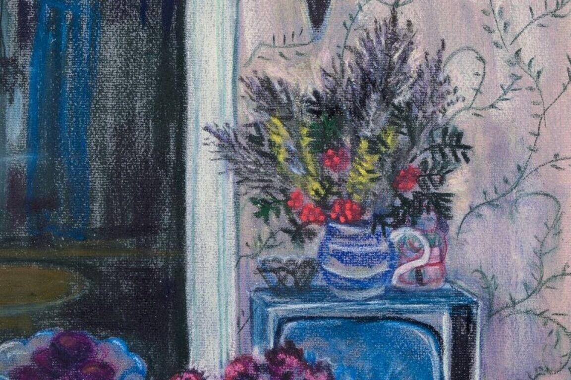 Evy Låås well listed Swedish artist Pastel on paper Living room interior