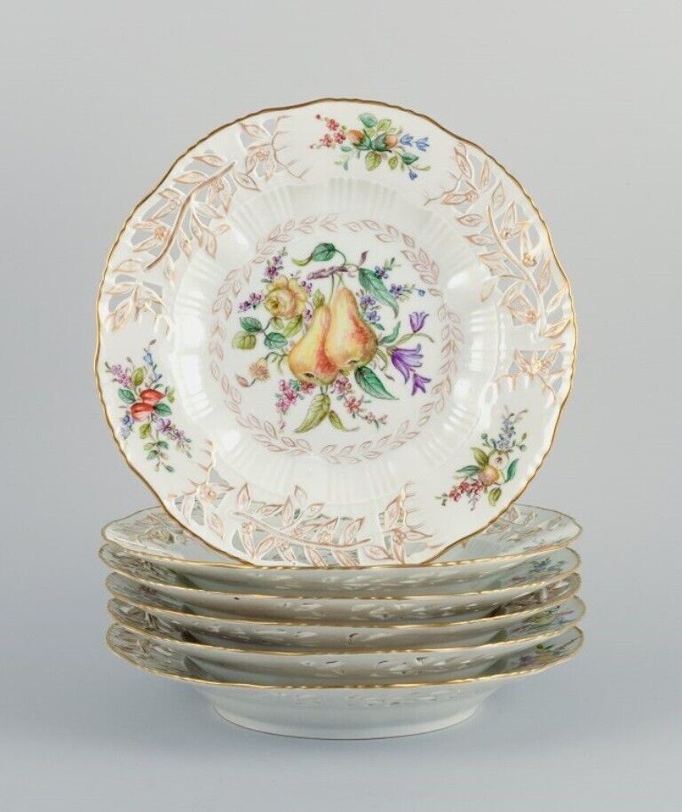 Royal Copenhagen a set of six antique dinner plates with reticulated rim