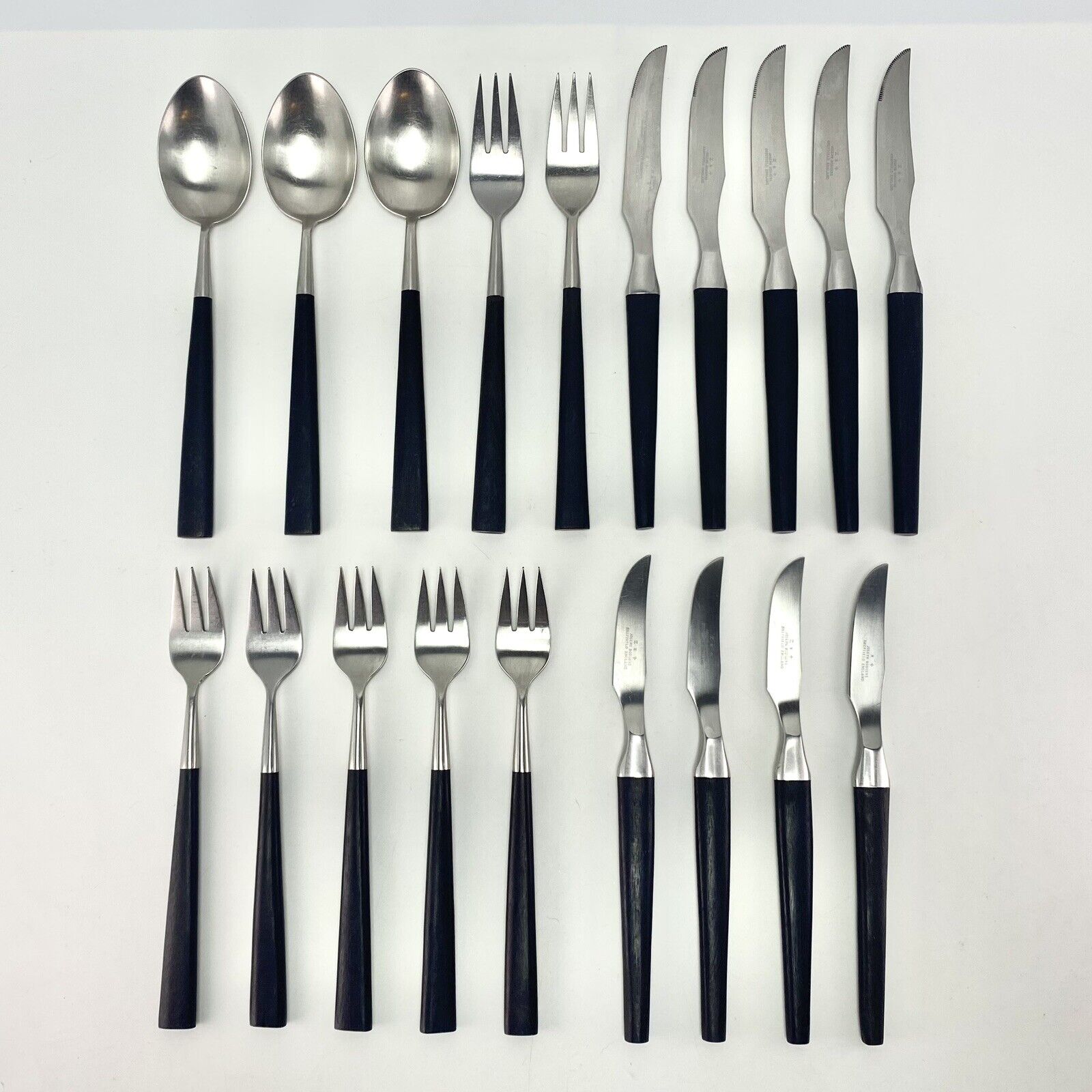 19pcs Vtg MCM Joseph Rodgers Manhattan Rosewood Satin Stainless Steel Flatware