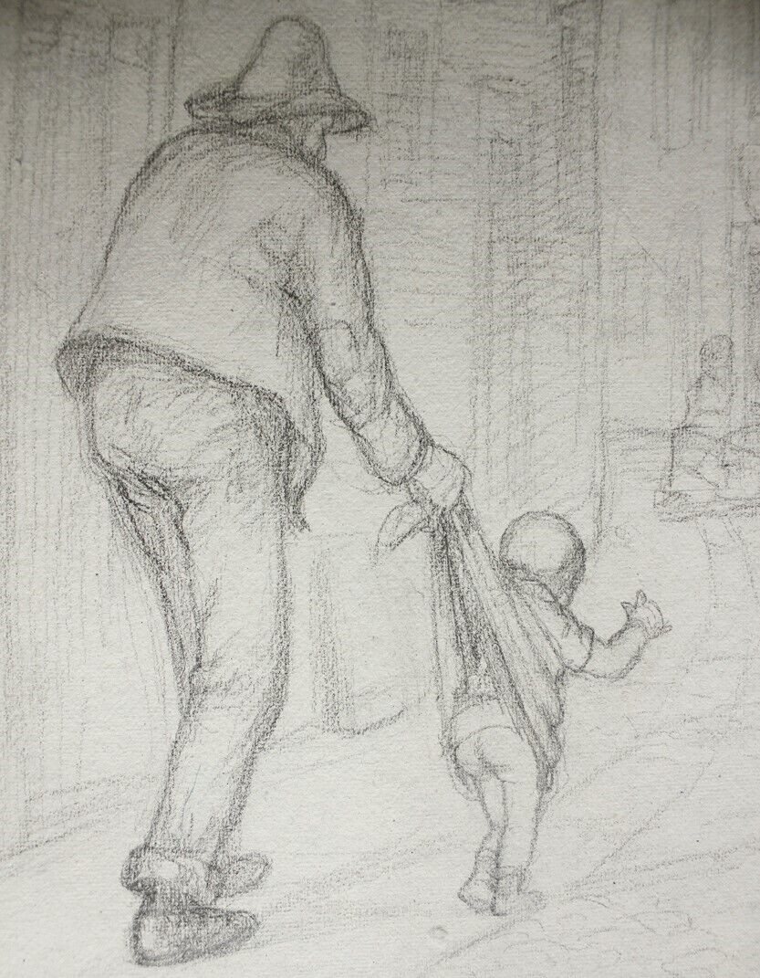 Cilius Andersen drawing A father and his little child Italy late 1800s