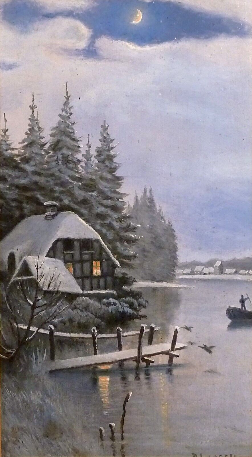 P LARSEN! WINTER LANDSCAPE WITH COTTAGE AT THE LAKE IN MOONLIGHT