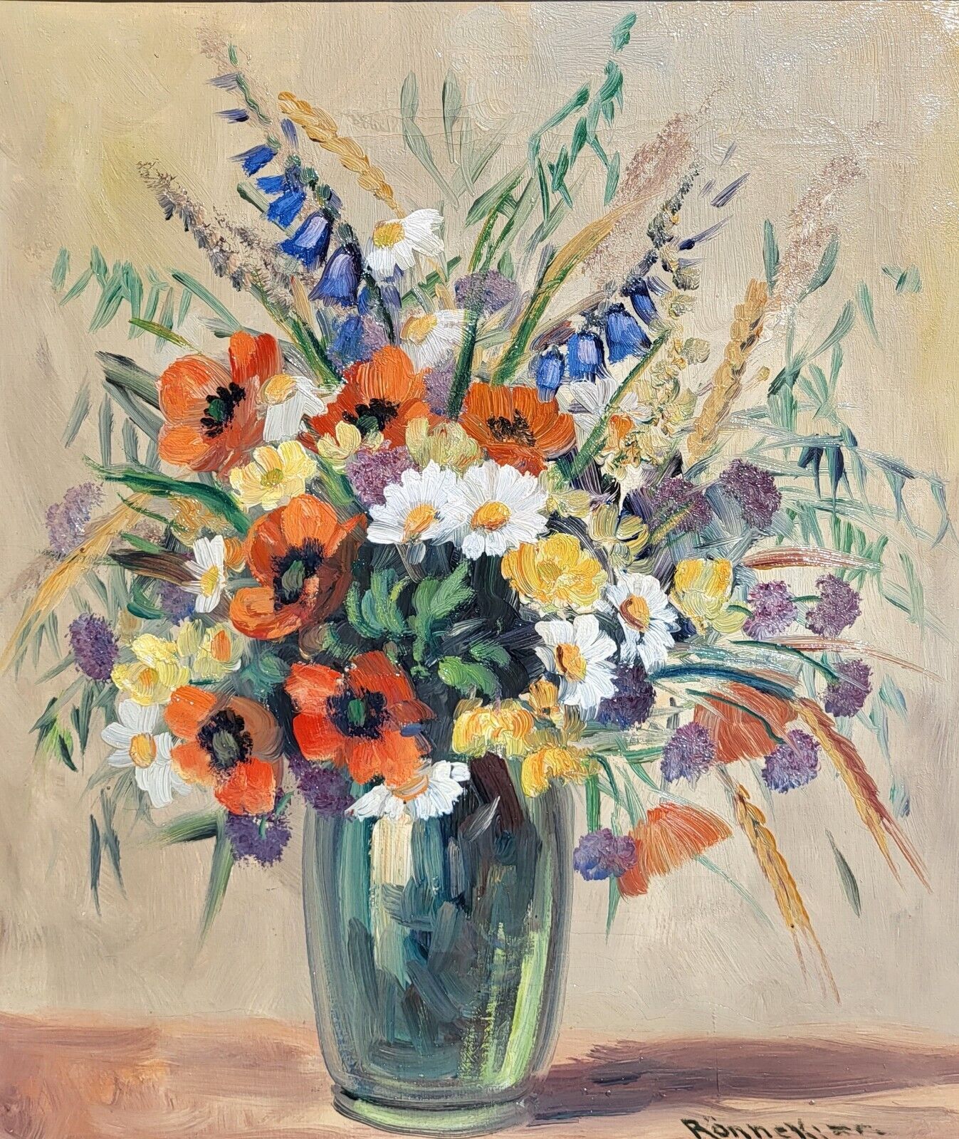 Oil painting Hans Ronnekjar:"Bouquet with poppies and marguerites"