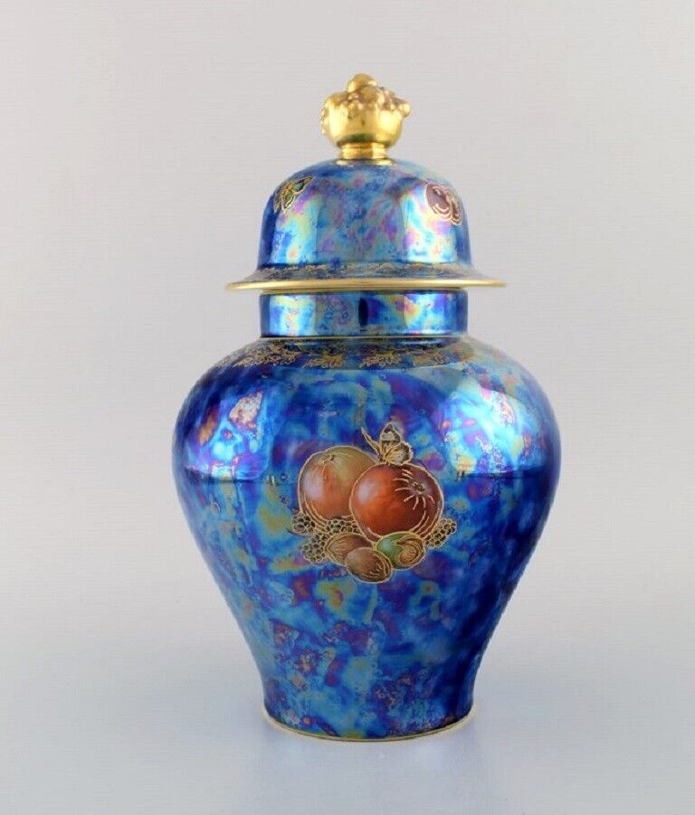 Large Rosenthal lidded jar in blue glazed porcelain with hand-painted fruits