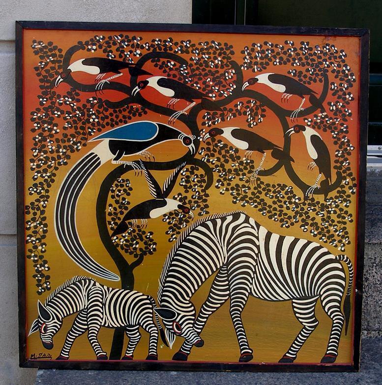 M SAIDI Zebras and birds Rare early Tingatinga oil East Africa