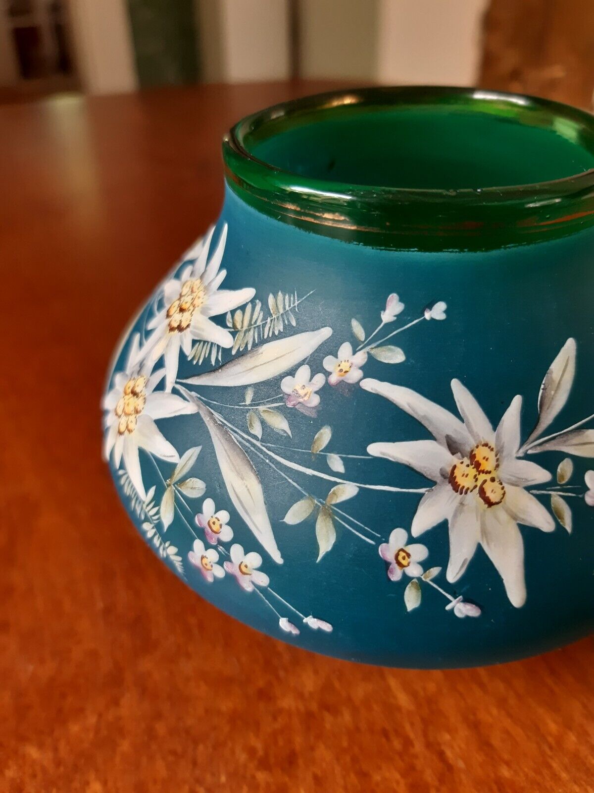 Art Nouveau blue green glass vase with enamel flowers Probably Bohemia